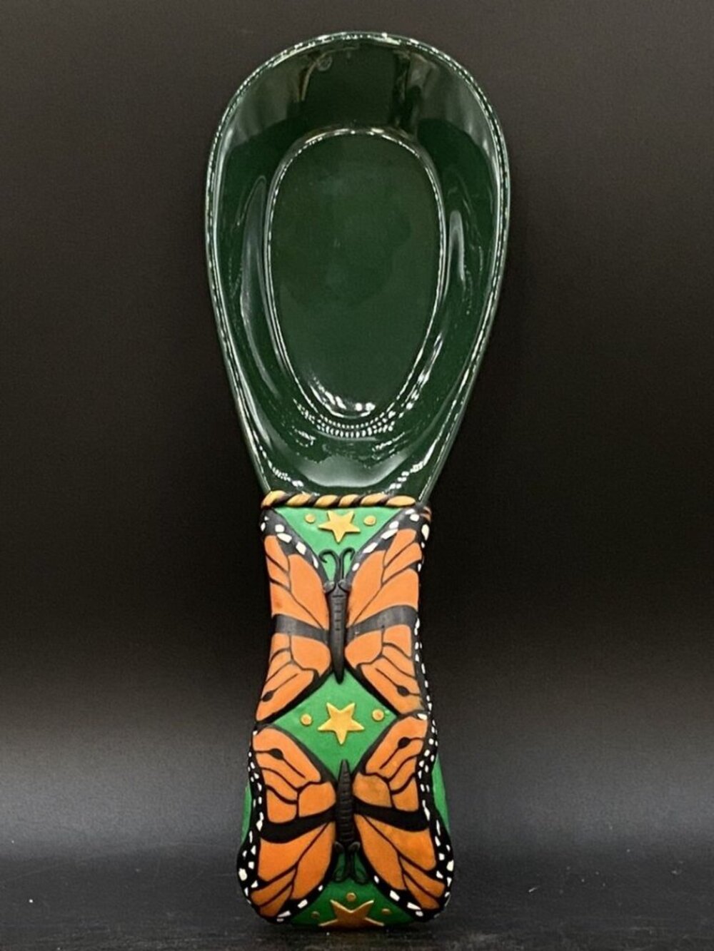 3D Butterfly & Stars Spoon Rest Ceramic & Silicone Handle 9” Green & Orange
